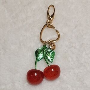 Betsy Johnson Cherry  Purse Charm/ Keychain with Gold and Green Accents